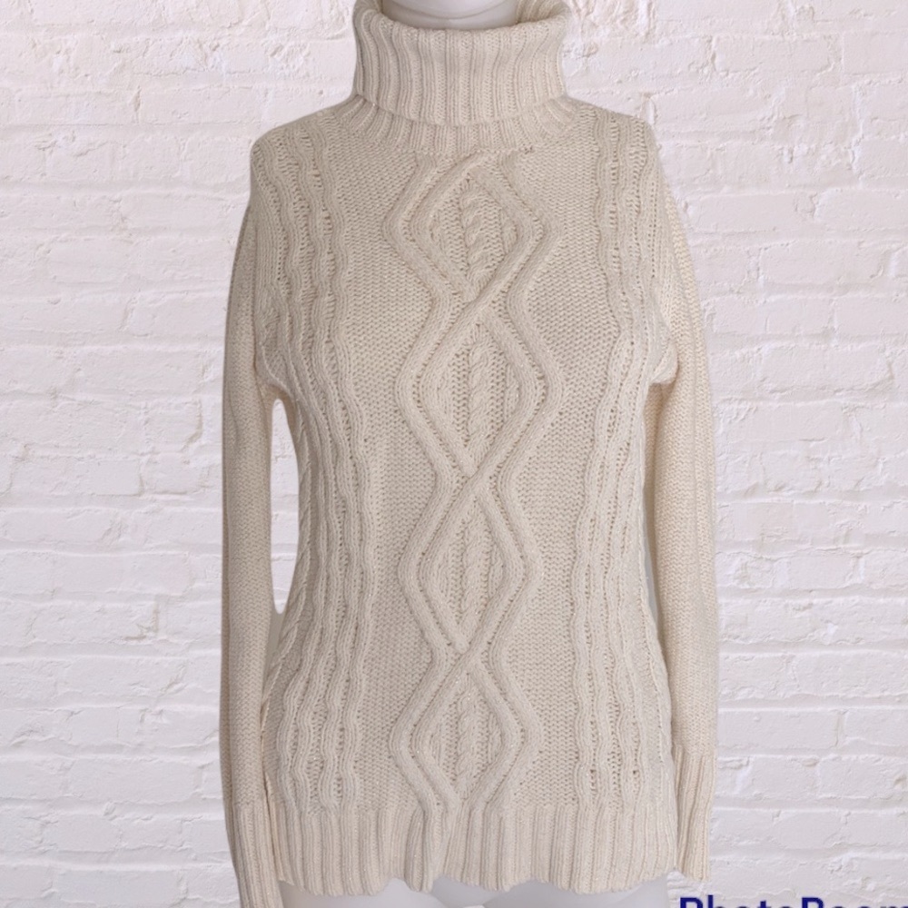 Liz Claiborne White Glittery Turtleneck Cableknit Sweater SP